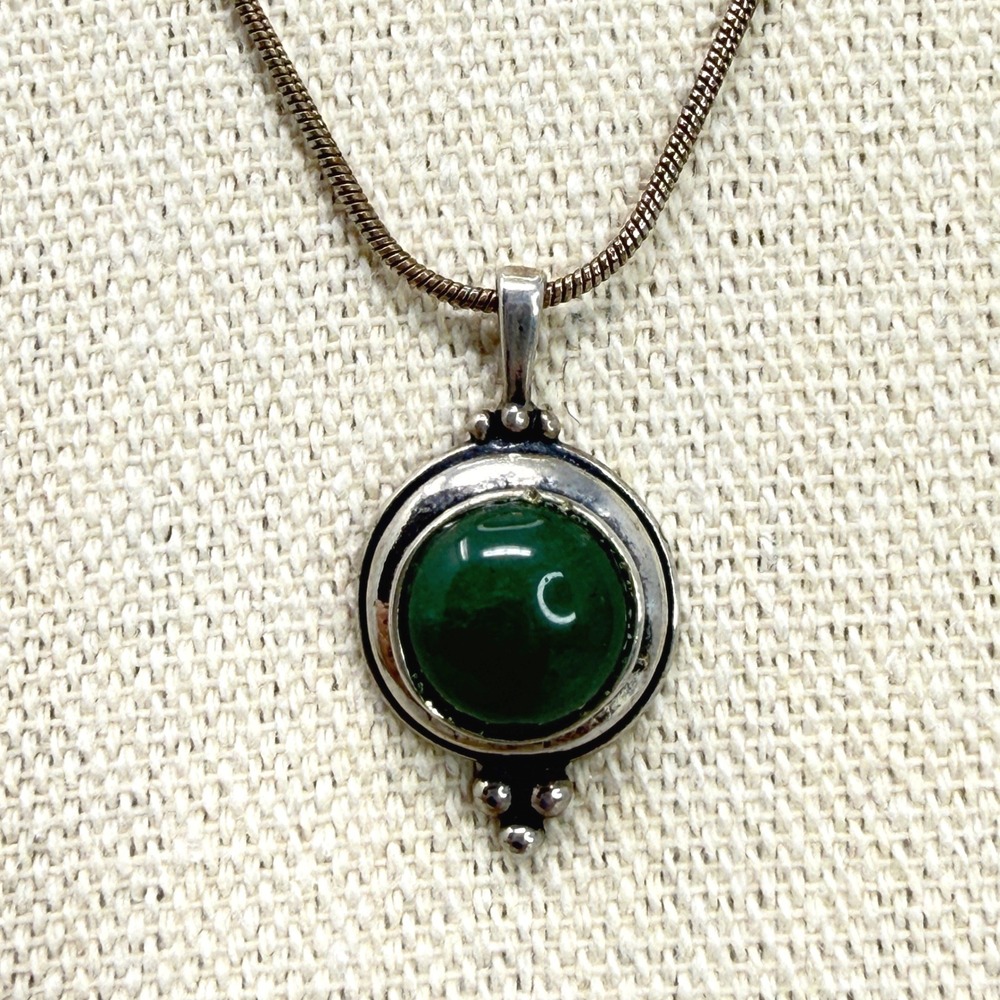 Sterling Silver Green Cabochon Stone Necklace Pendant Snake Chain Boho Simple‎